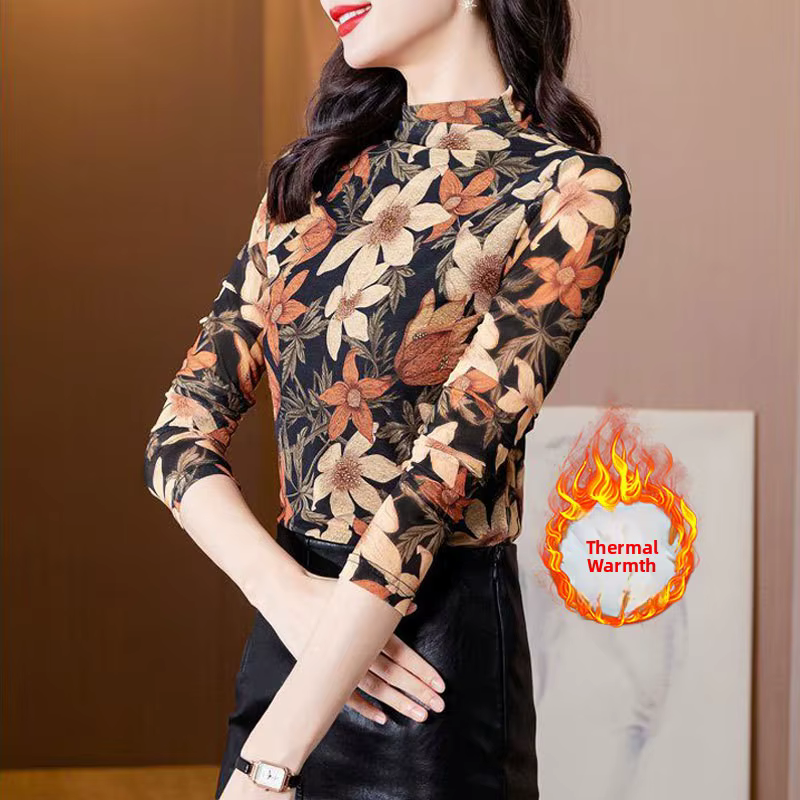 T-shirt thermique chaud à manches longues et col semi-montant pour femme