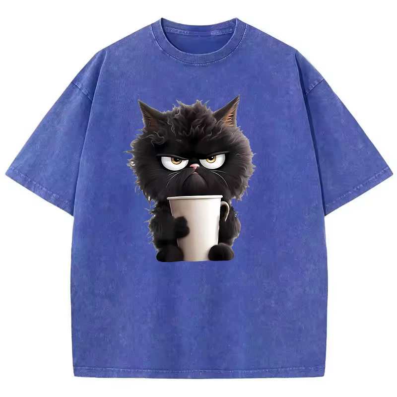 T-Shirt Vintage café chat lavé 100% coton T-Shirt graphique T-Shirt décontracté Streetwear printemps été