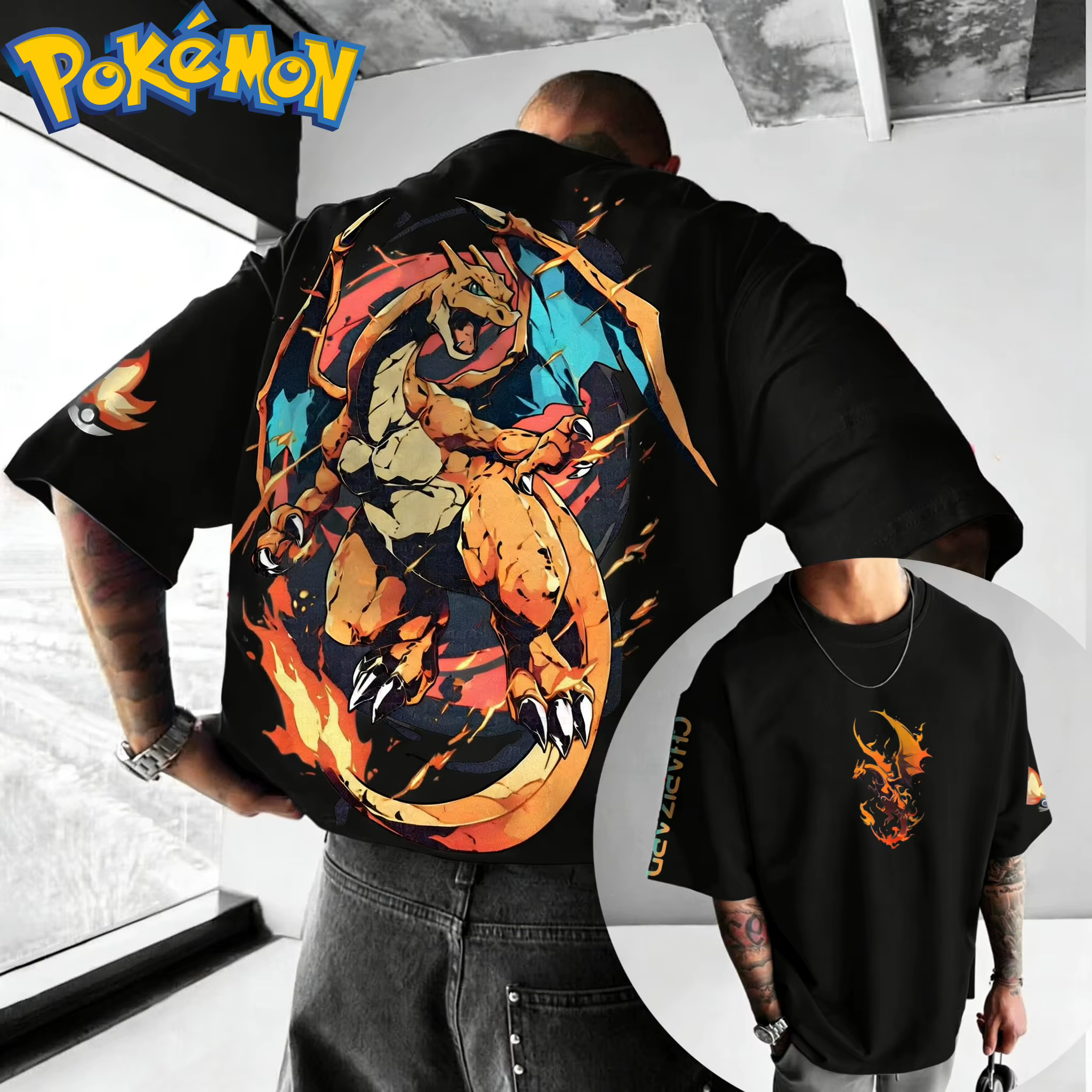 Nouveau T-shirt en coton Pokémon avec impression avant Charizard