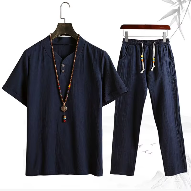 Pyjama en lin de coton pour hommes Pyjamas à manches longues printemps et automne Vêtements de nuit minces Grande