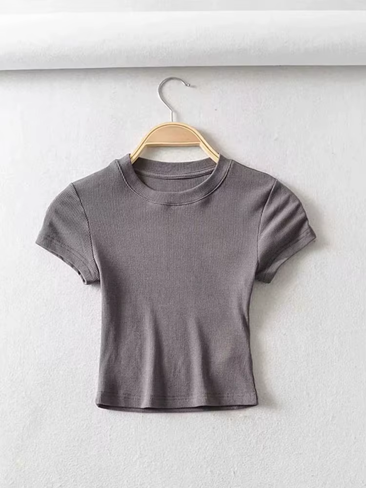Été Sexy femmes col rond à manches courtes T-shirt mince élastique maigre culture hauts