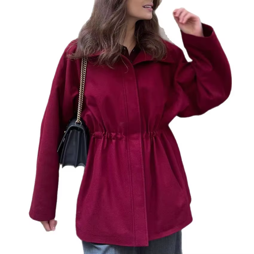 Manteau en Tweed pour femmes, col haut, col tortue, cordon de serrage, taille, manches longues, ceinture, automne hiver, vêtements d'extérieur élégants