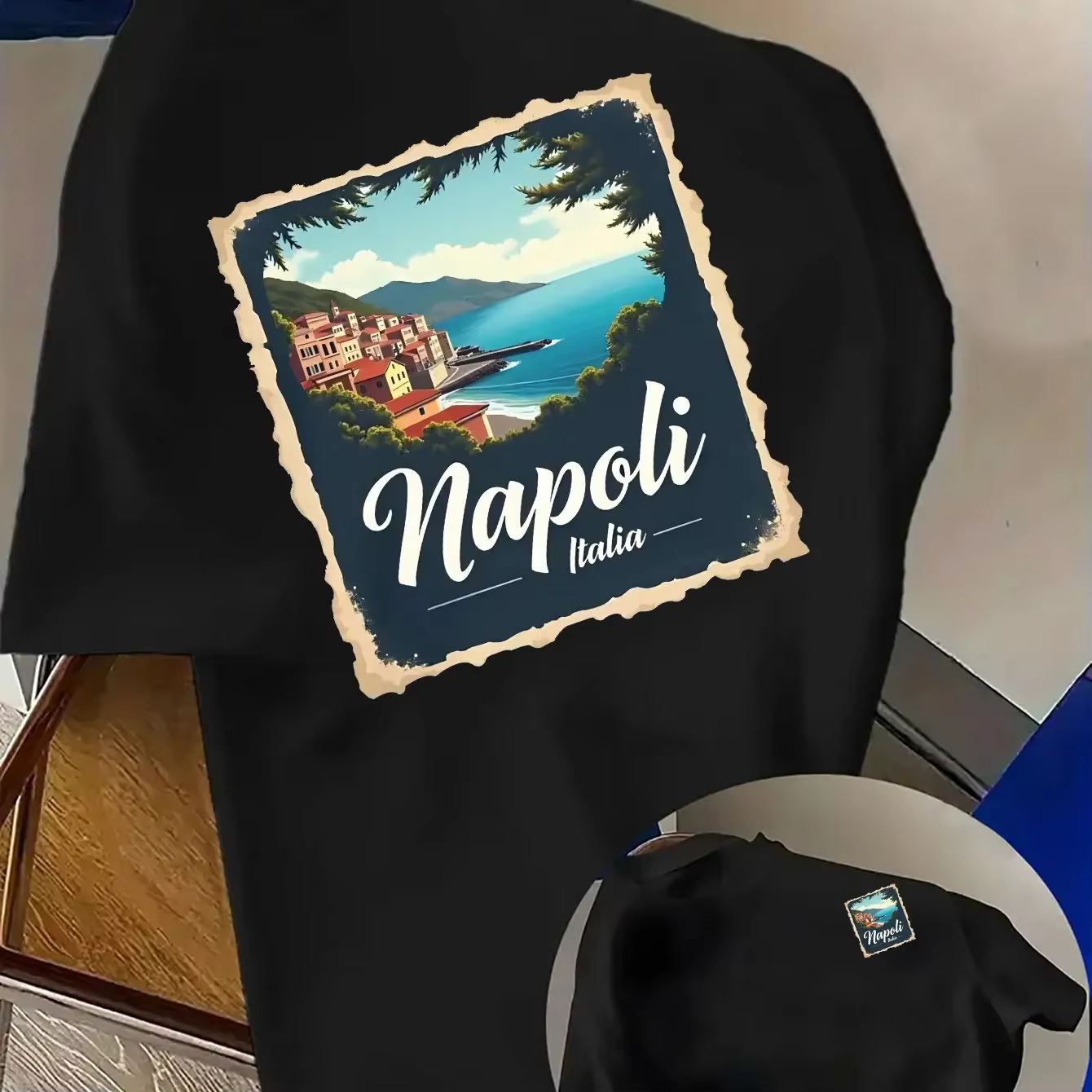 T-shirt pour homme en coton 100% avec imprimé paysage côtier italien