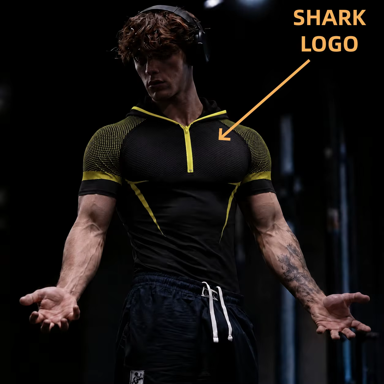 T-shirt à capuche GYM ONYX V5, combinaison de fitness avec logo en silicone SHARK, haut d'entraînement pour sports de plein air, haut à capuche à manches courtes pour la course à pied et le fitness