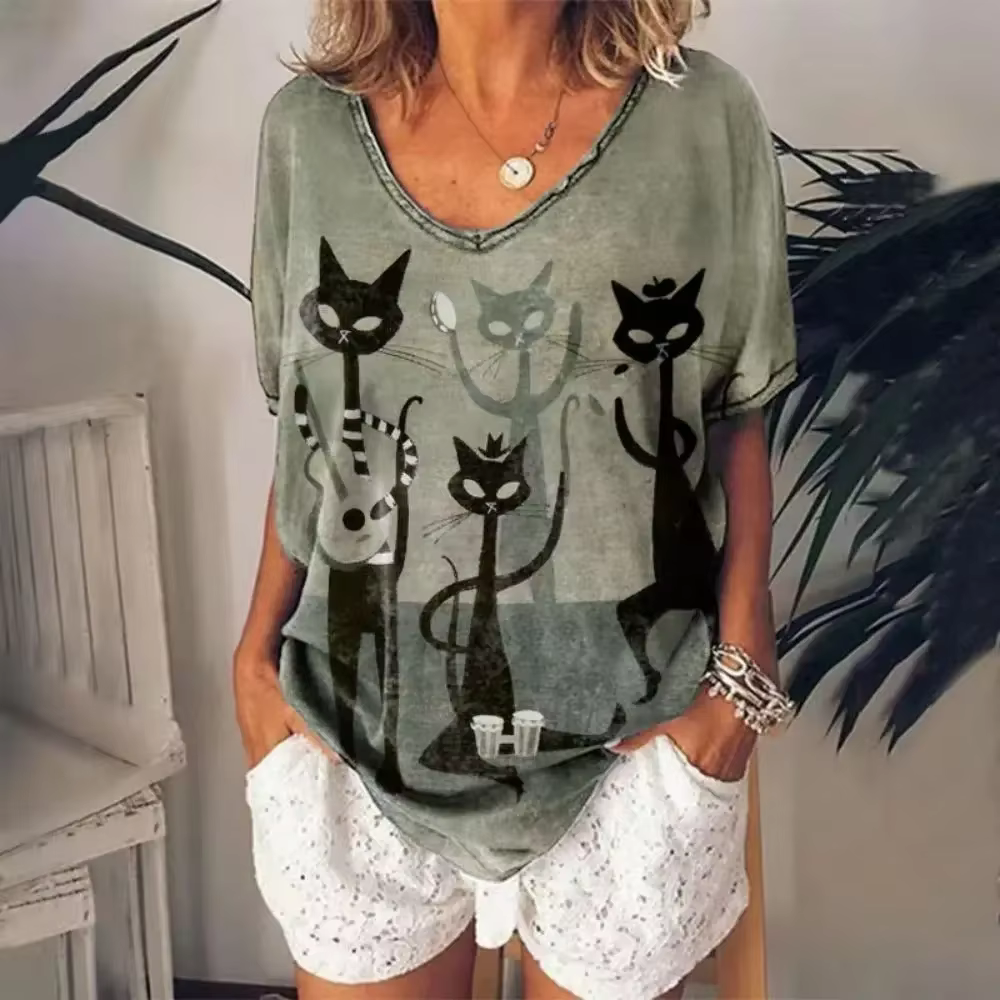 T-shirt femme dessin animé chat imprimé été à manches courtes col en v Kawaii mode