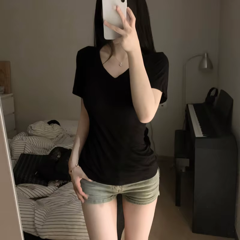 T-Shirts femmes été filles chaudes ventre court mince Style américain épicé taille haute hauts solide Simple loisirs tout-match col en v