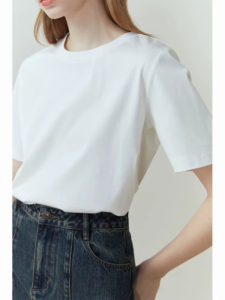FSLE 100% coton T-Shirt à manches courtes femmes printemps été nouveau col rond droit blanc noir haut