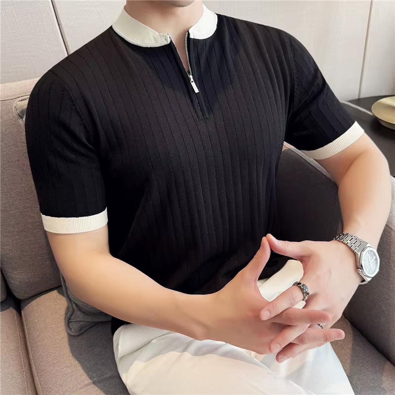 Hommes tricoté Polo Style britannique été léger mince à manches courtes usage quotidien haut t-shirt
