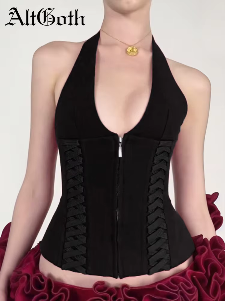 Centre commercial Goth Corset gilet femmes foncé Cyber Punk pansement licou dos nu culture débardeurs Emo Alternative