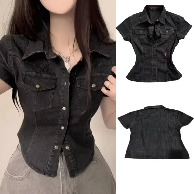 Chemise en jean noire pour femme, manches courtes, boutonnée, coupe classique, col à revers, ajustée, extensible, pour usage quotidien