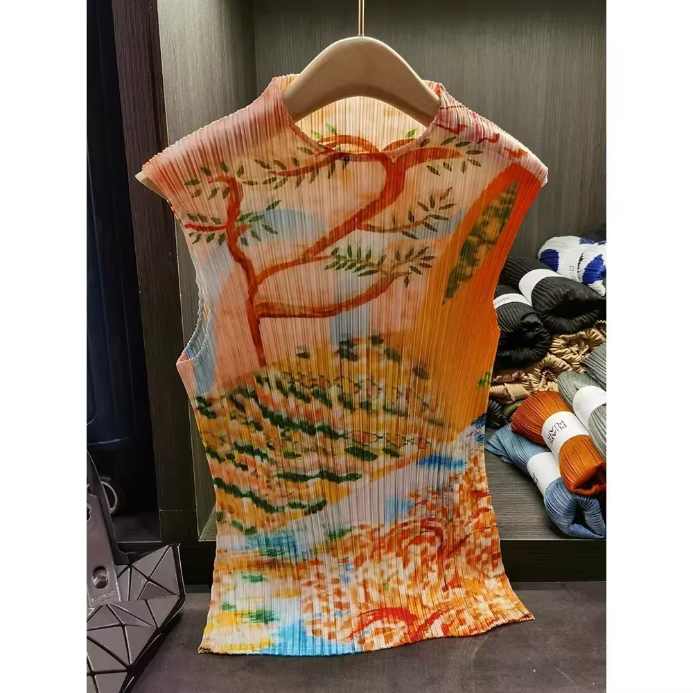 Plisceaux conception originale T-shirt 2025 été plissé fleur imprimé hauts décontracté mode apparaître mince ample rétro femmes vêtements