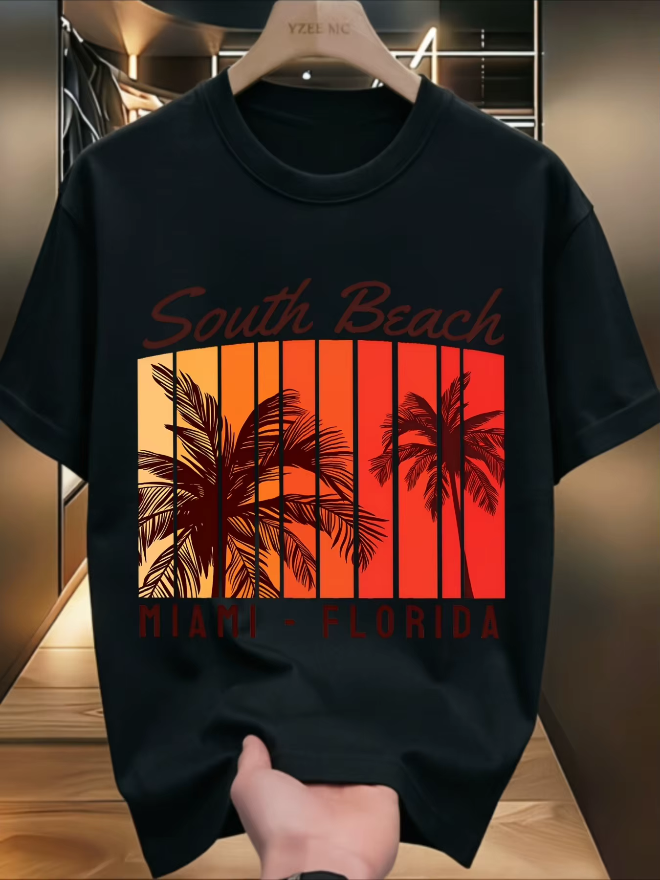 T-shirt Miami South Beach pour hommes et femmes, avec silhouette de palmier, imprimé lettres côtières de la Floride, col rond, en coton, pour les vacances d'été, usage quotidien