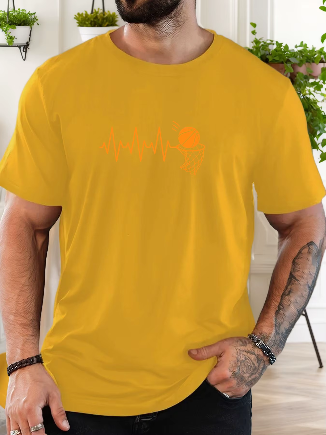 T-Shirt homme 2025 nouveauté sport basket-ball graphique battement de coeur ligne & cerceau imprimé Orange haut élégant quotidien décontracté