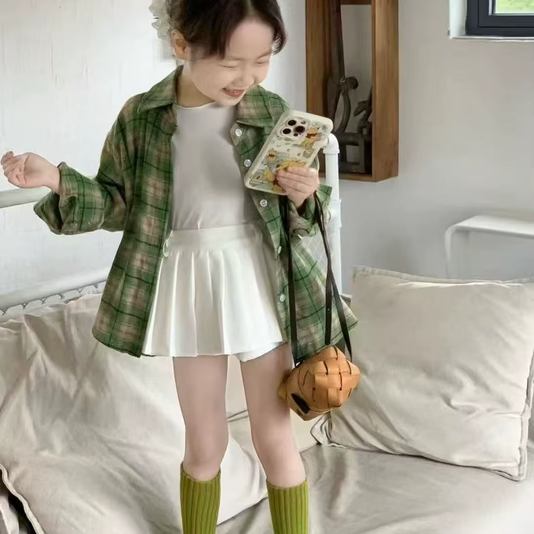 Chemise à carreaux vert Cardigan haut manches longues Grils enfants printemps automne à la mode décontracté doux confortable
