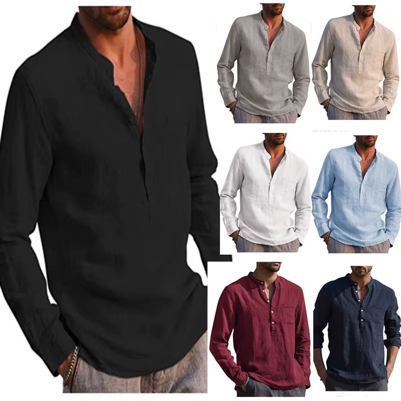 Chemise hawaïenne en lin à manches longues pour homme