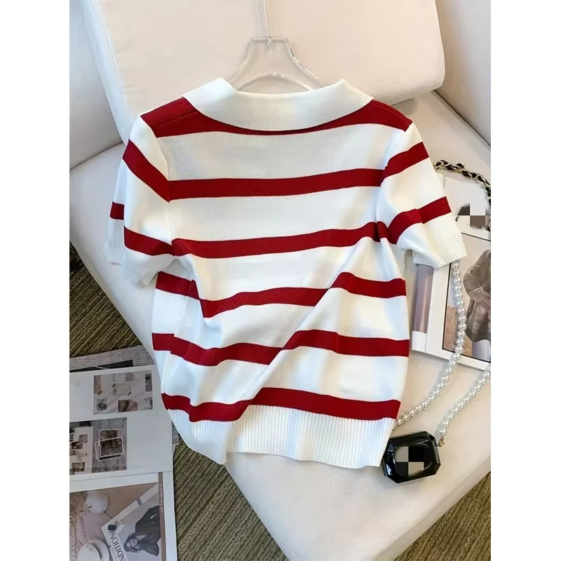 Nouveau pull à col rayé 2026 – Haut court tricoté polyvalent à manches courtes pour femme