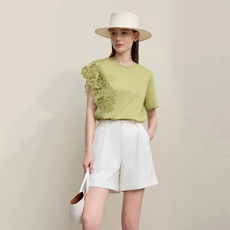 T-shirt Amii 2026 Nouvelle Collection Été Col Rond Coton Anti-Transpiration Dentelle Asymétrique Ample Manches Courtes Pour Femme 12642023
