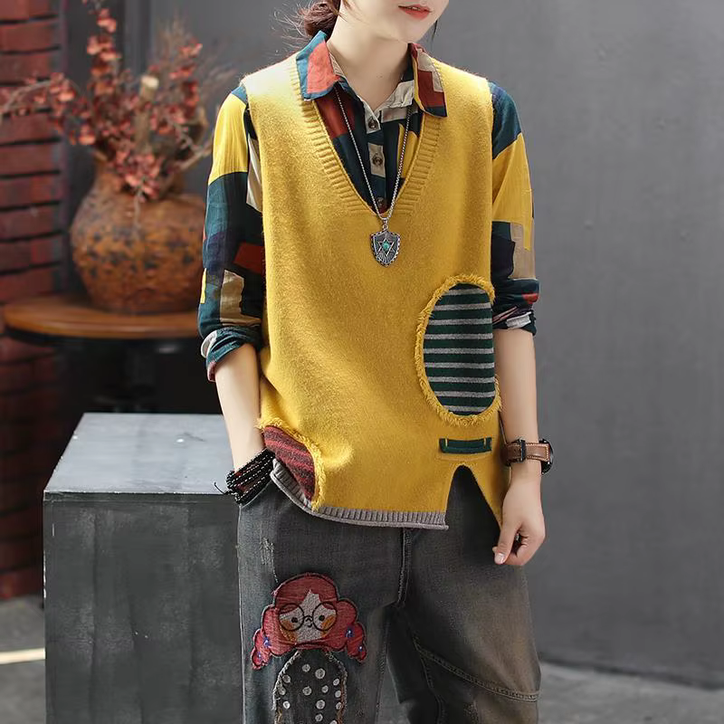 Gilets en tricot jaune pour femmes