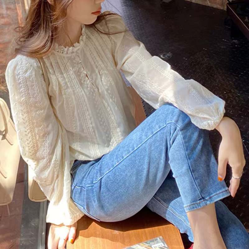 Élégant dentelle femmes mode Blouse nouveau printemps automne à manches longues décontracté bureau chemise ample dames col montant haut Simple vêtements
