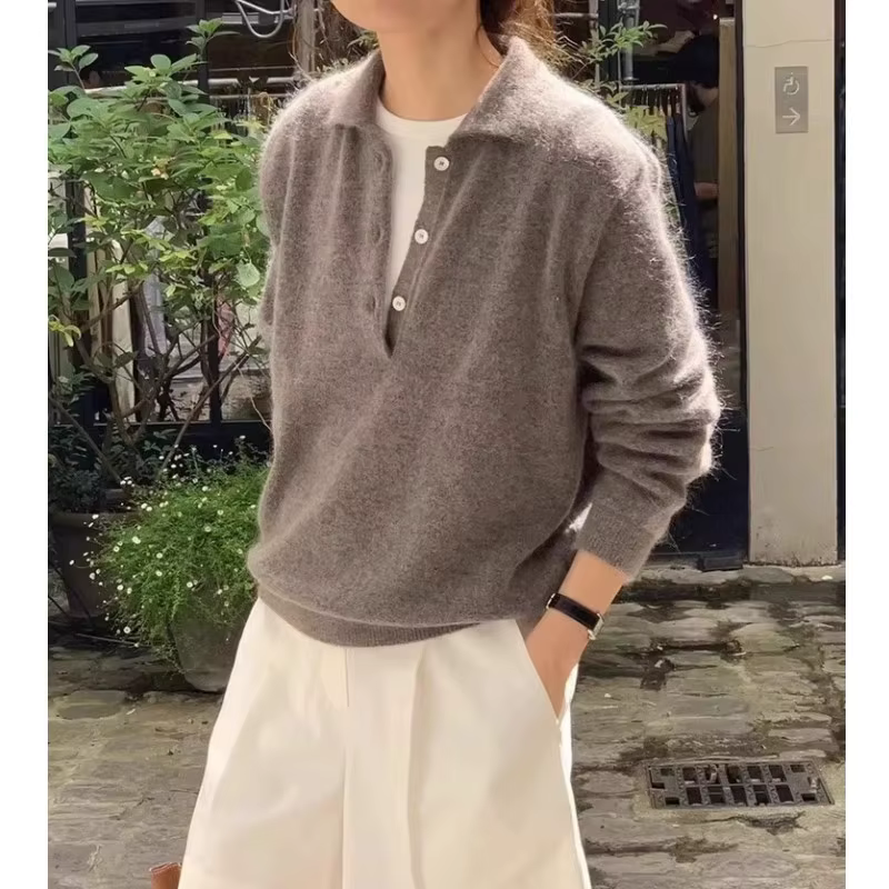 Pull POLO élégant à revers avec boucle 100 pur cachemire