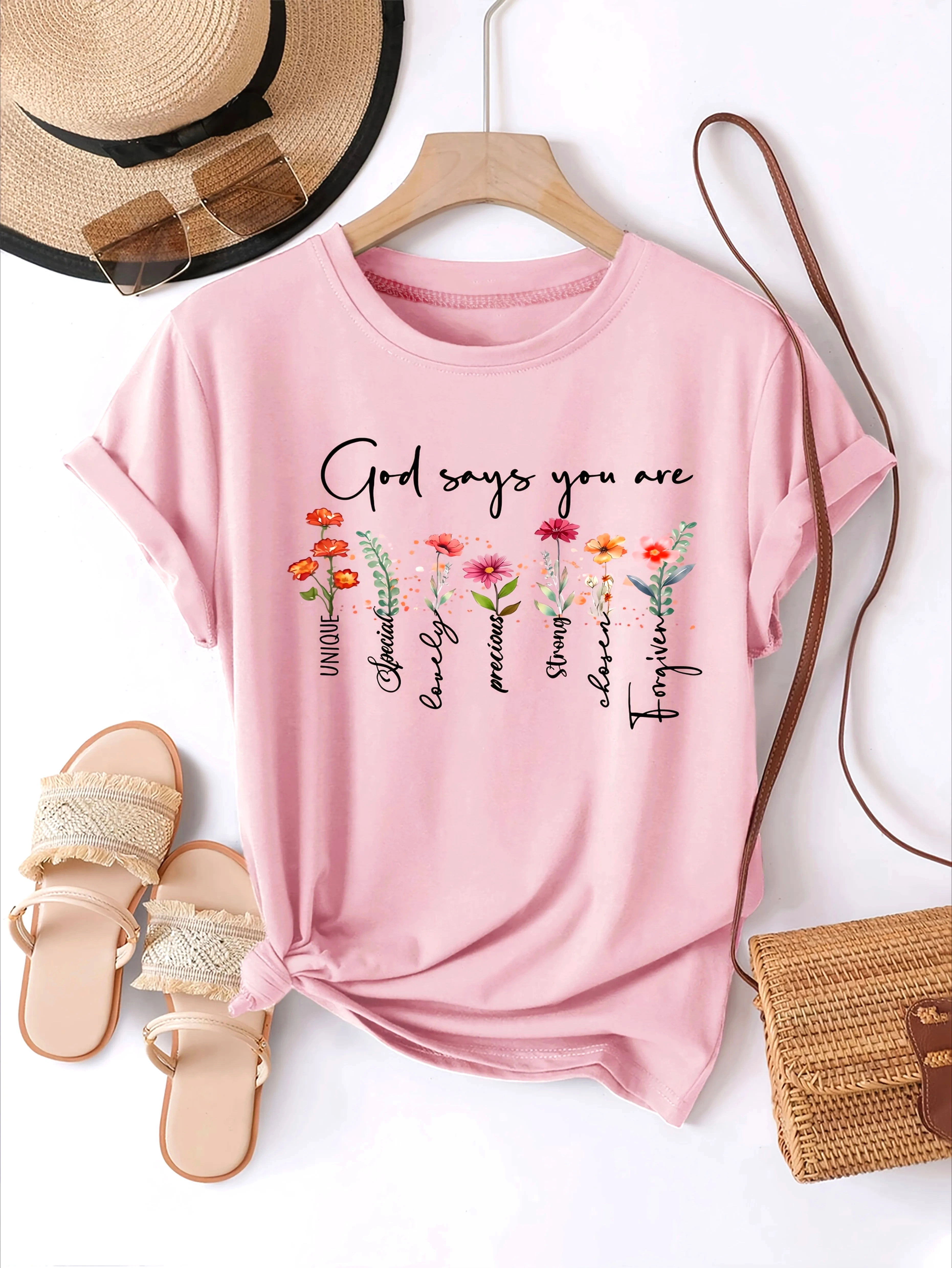 T-Shirt femme imprimé fleuri d'inspiration chrétienne Dieu vous dites fleurs vibrantes décontracté col rond manches vêtements de confort