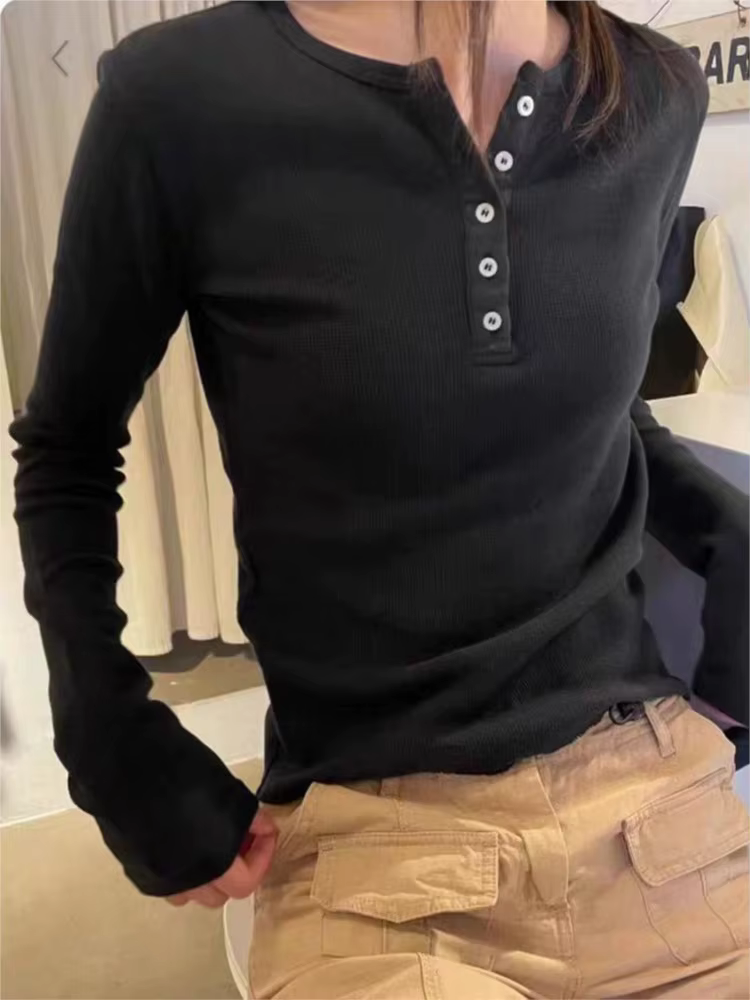 Gris gaufre mince à manches longues T-Shirt femmes printemps boutons col rond rétro Y2k