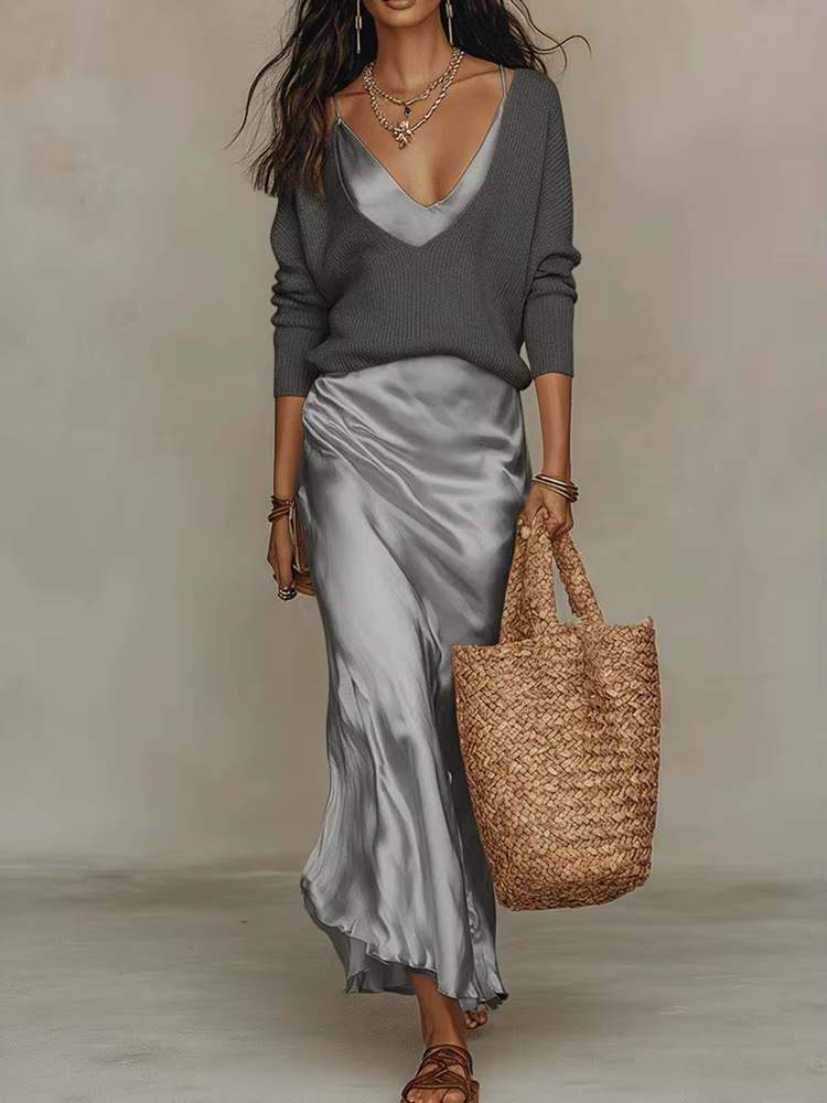 Robe en satin sans manches à col halter avec hauts tricotés