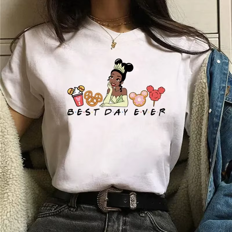 T-Shirt imprimé Disney Best Day Ever, décontracté, Harajuku, vêtements de princesse sumérienne pour femmes, Streetwear à manches courtes