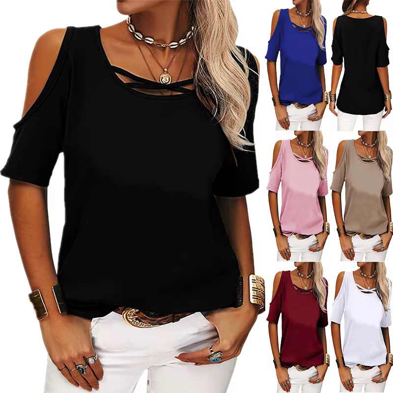 T-shirt à manches courtes et épaules dénudées pour femme