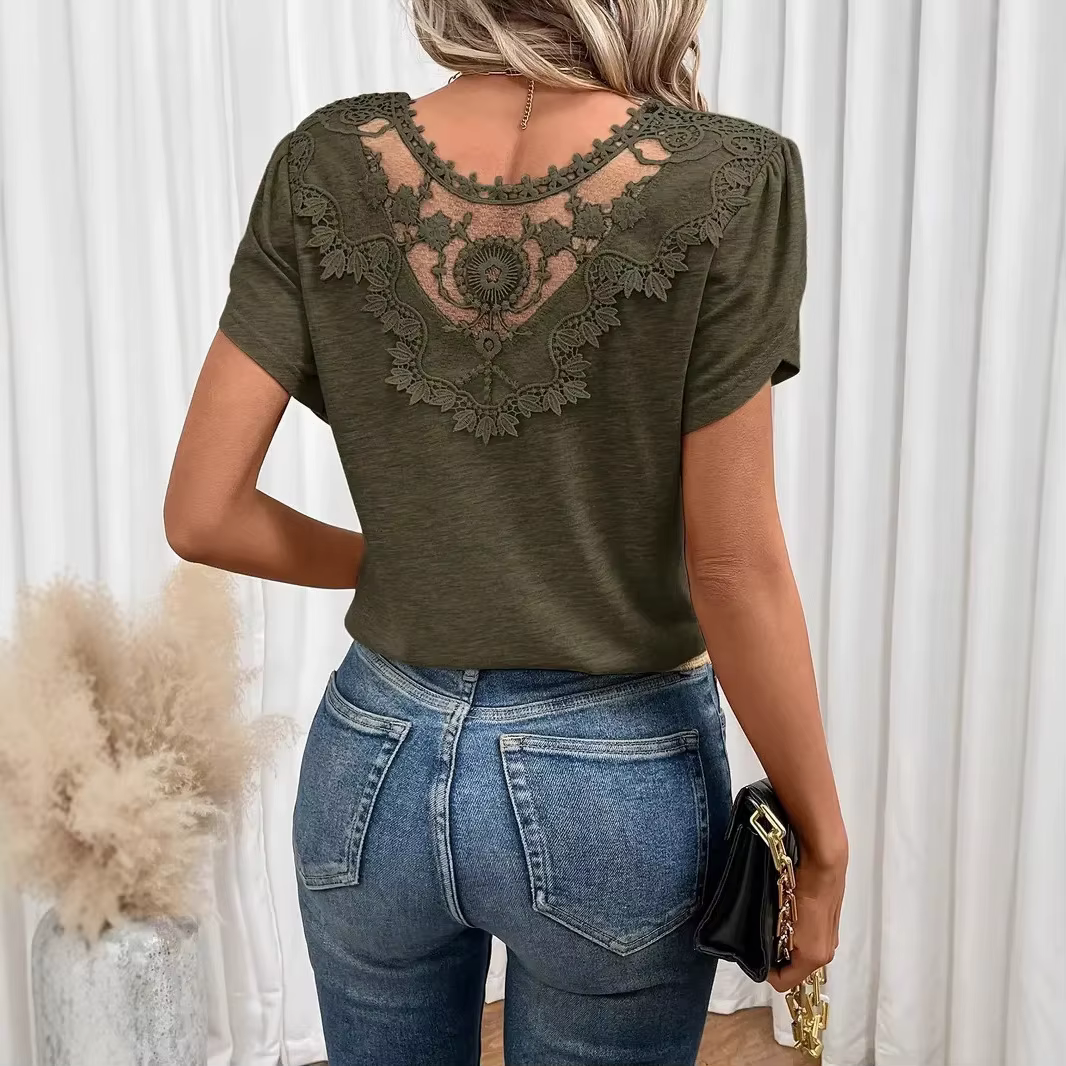 T-shirt femme 2026, nouvelle mode, col en V, double couche, manches courtes à volants, ajouré, vêtements pour femmes