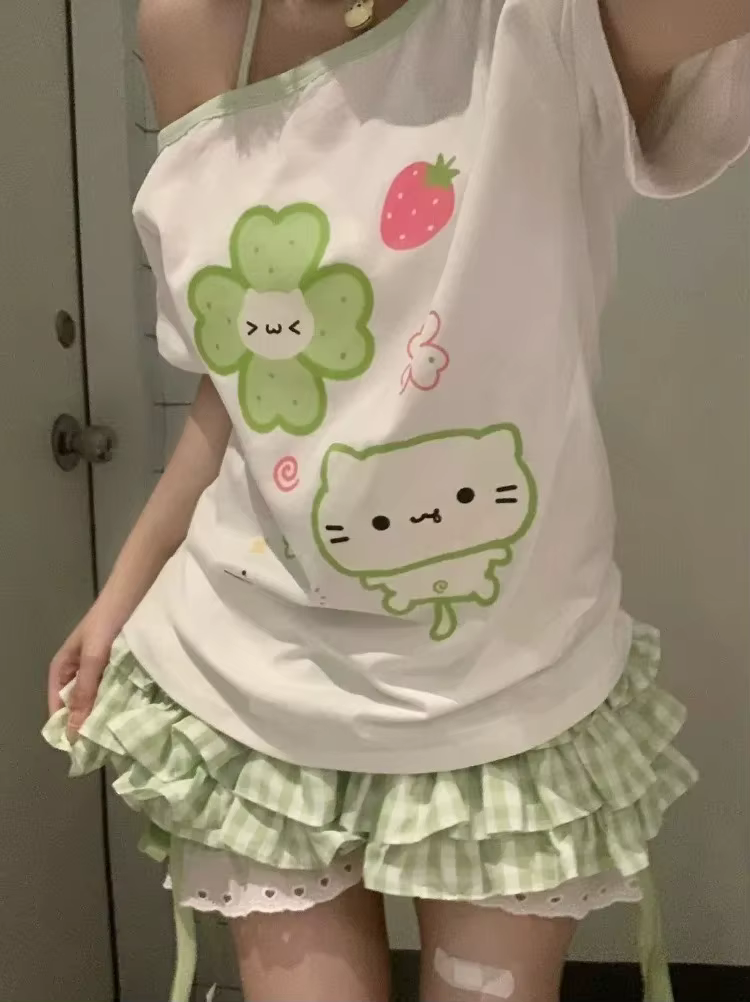 Ezgaga Harajuku t-shirts femmes dessin animé doux col diagonale manches courtes épaules nues drôle hauts femme Y2k dames