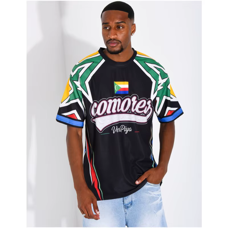 Maillot de football culturel des Comores pour homme, col ras du cou, motif drapeau des Comores et lettres Comores, respirant, en maille, manches courtes, pour fan, assorti pour la famille