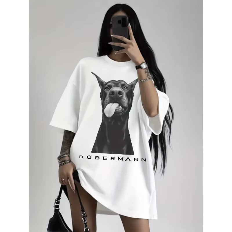 T-shirt graphique pour femme grande taille avec motif de chien Dobermann - Haut décontracté à manches courtes et col