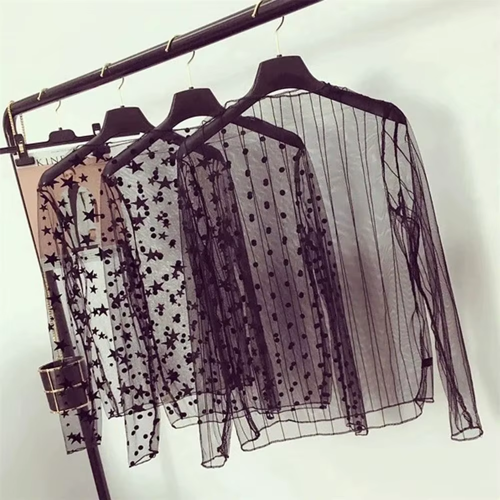 T-shirt à manches longues en dentelle transparente pour femmes et filles