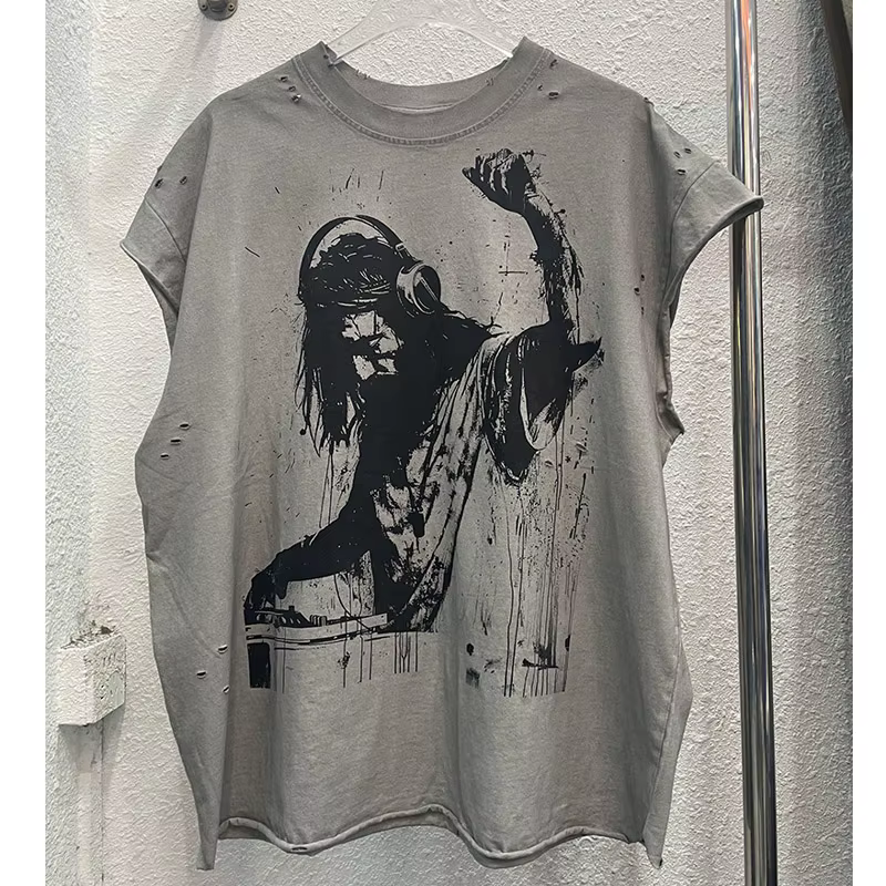 High Street sale endommagé trou dieu est un DJ débardeurs hommes femmes surdimensionné Saint manches-coupées T-Shirt