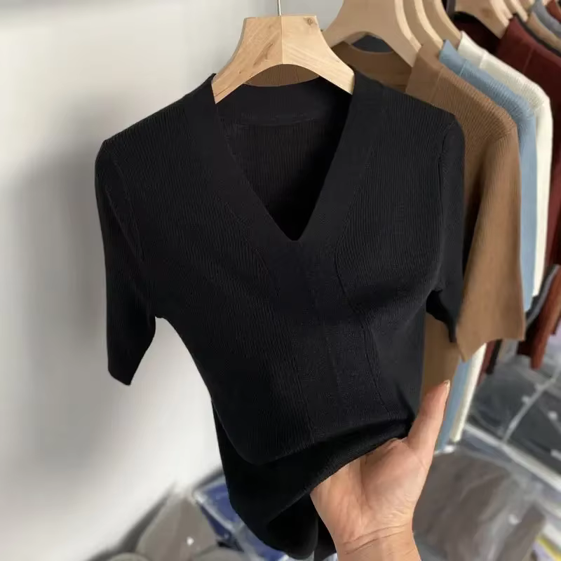 T-shirt d'été pour femme à manches courtes, col en V, nouveau modèle 2026, coupe ajustée, décontracté, couleur unie verte, tricoté