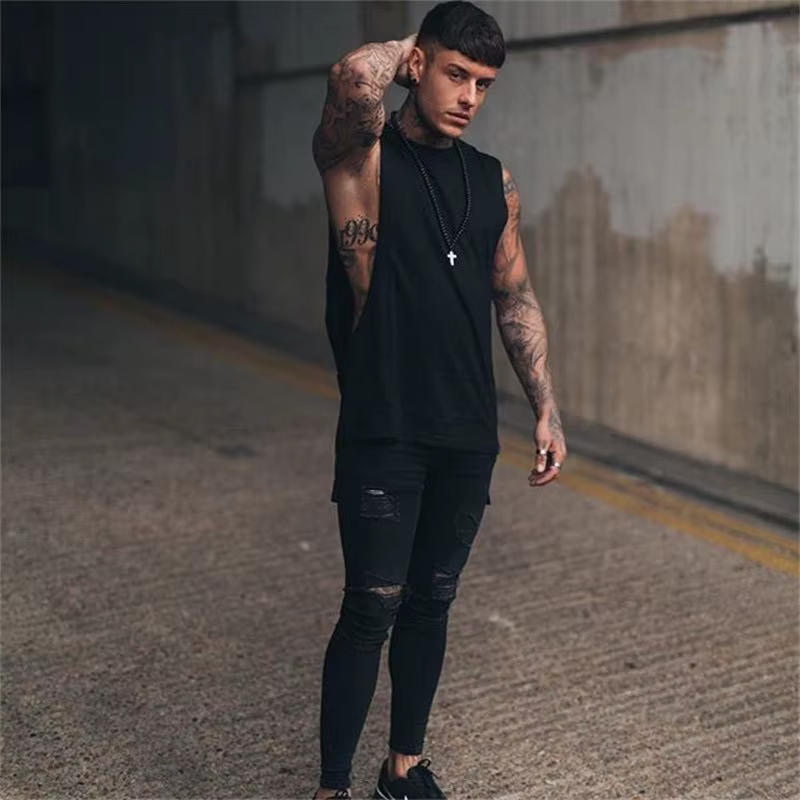 Chemise de sport en coton pour hommes, haut de sport, vêtements de fitness d'été, chemise d'entraînement, chemise longue pour hommes, Hip Hop