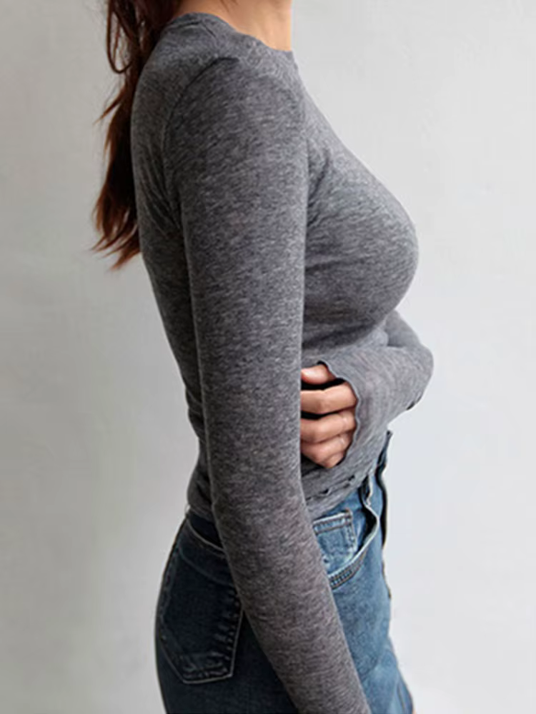 Haute qualité plaine T-shirt femmes coton élastique basique T-shirts femme décontracté hauts à manches longues Sexy
