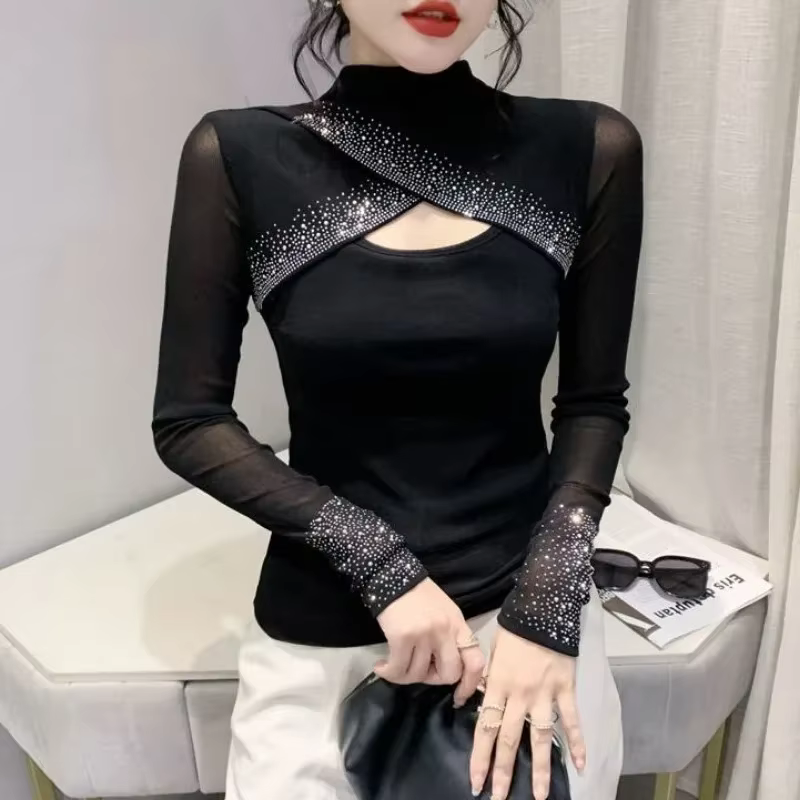 T-shirt à manches longues pour femmes noir paillettes printemps haut d'automne femme strass