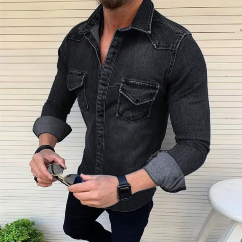 Version coréenne coupe ajustée décontracté mélange de coton à manches longues lavé vieille chemise en jean 2025 nouvelle chemise en jean pour hommes veste à la mode