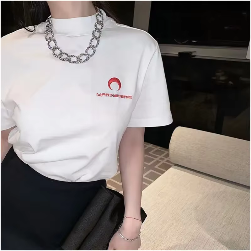 MarineEPRINCESS brodé demi-lune lettre unisexe T-Shirt col rond à la mode à manches courtes femmes haut tendance