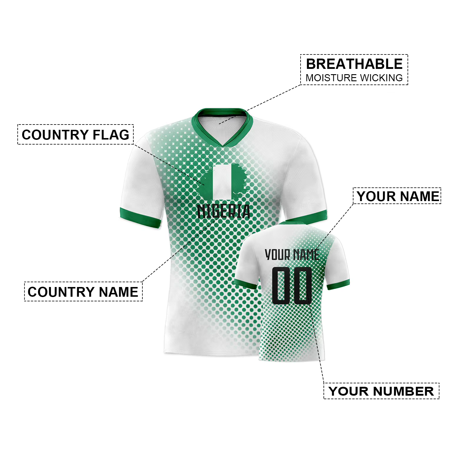 Maillot de football personnalisé du Nigeria avec nom et numéro, respirant et à séchage rapide, pour hommes, femmes et enfants