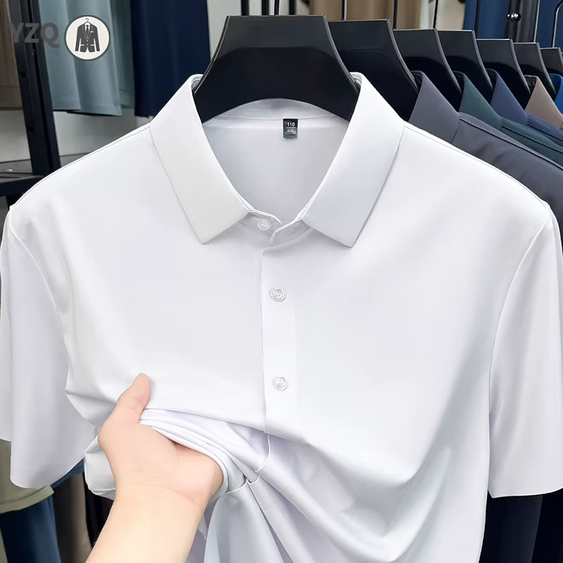 Chemise homme haut de gamme à manches courtes en soie glacée infroissable pour le bureau et le quotidien