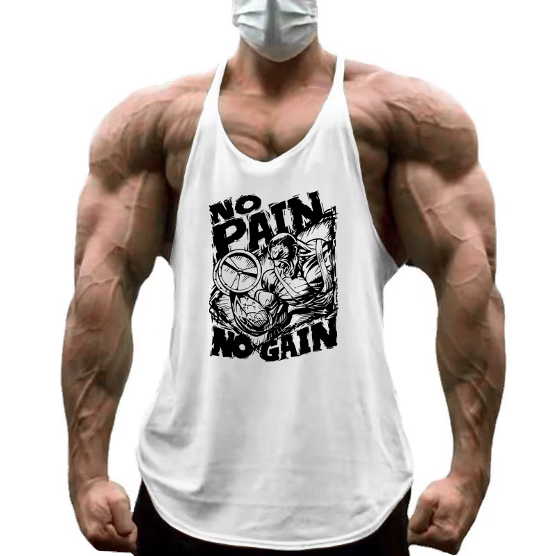 NO PAIN NO GAIN Imprimé Gym Fitness T-Shirt Hommes Musculation Sport Sans Manches Gilets Coton Respirant Y-back Bretelles Débardeurs