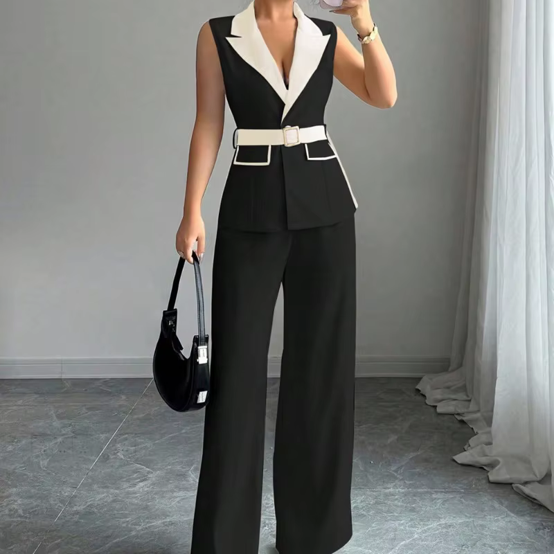 Ensemble pantalon large et gilet blazer élégant sans manches pour femme avec ceinture
