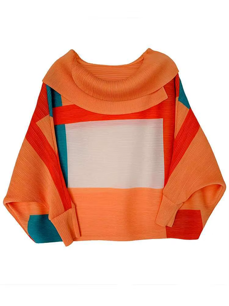 LANMREM 2025 mode nouveau T-shirt plissé pour les femmes Laple manches longues hauts amples bloc de couleur femme vêtements printemps 2YA771