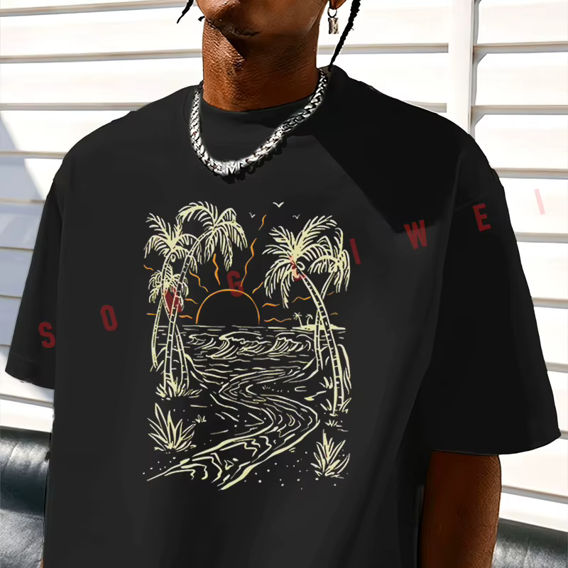 T-shirt imprimé style vacances en bord de mer avec motif insulaire pour homme