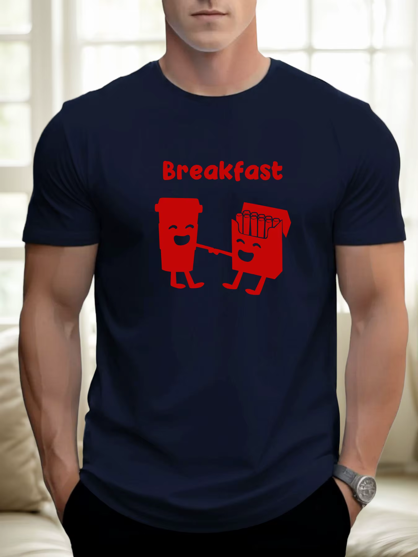 T-shirt pour hommes petit-déjeuner 100 % coton impression graphique été