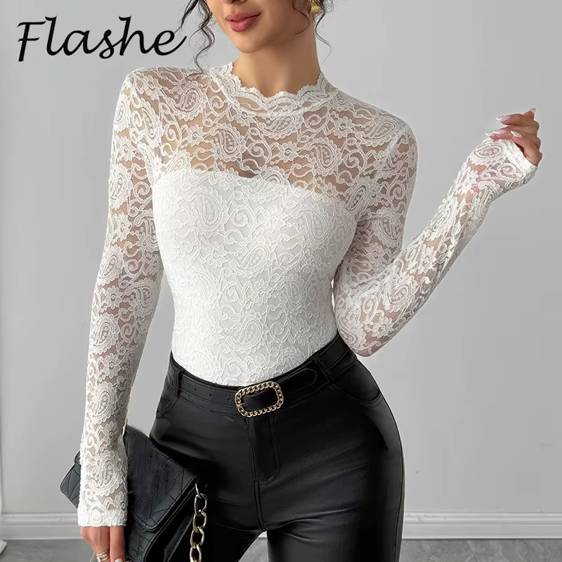 Élégant à manches longues dentelle chemise femmes Sexy transparent hauts blancs femme printemps automne col rond