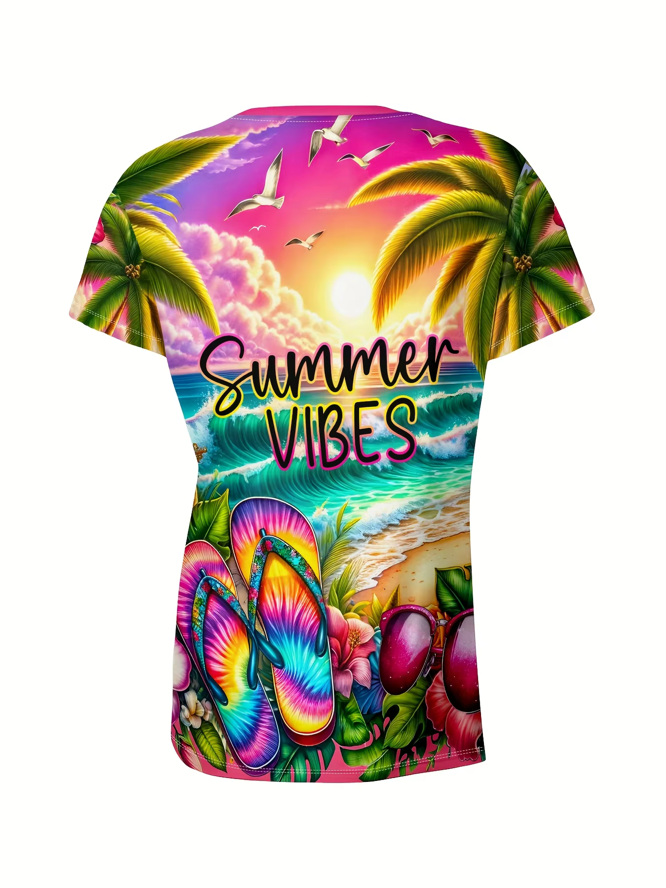 T-shirt vibrant pour femme - Motif graphique de plage « Summer Vibes »
